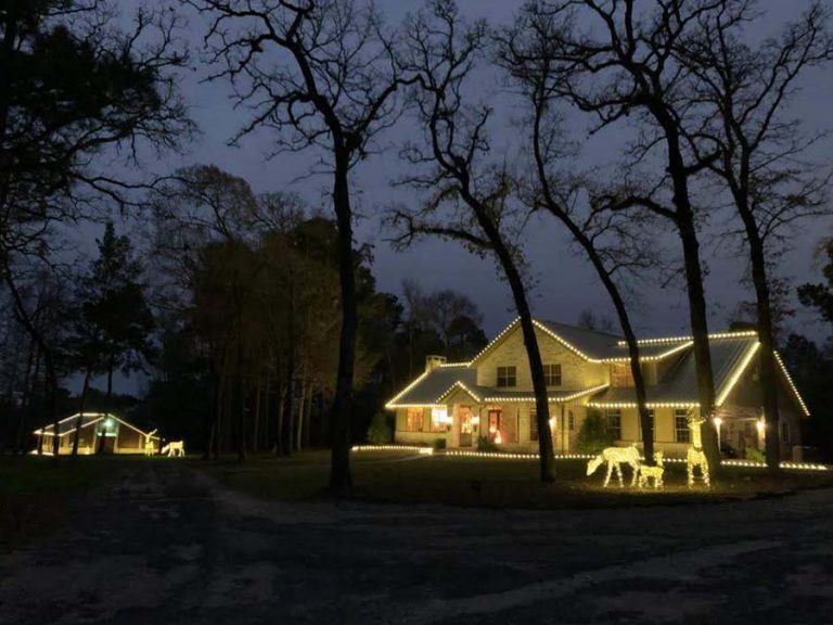 Outdoor Christmas light installation on a house in Cedar Park TX. The form of three deer in Christmas lights are in the large front yard under tall trees.